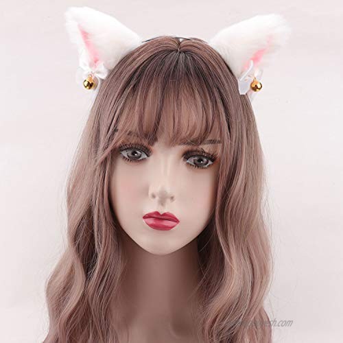 Faux Fur Cat Ears Headband with Bells for Women Girls Anime Cosplay Party Halloween Costume (White + Pink inside)