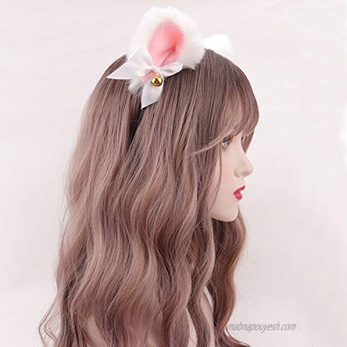 Faux Fur Cat Ears Headband with Bells for Women Girls Anime Cosplay Party Halloween Costume (White + Pink inside)