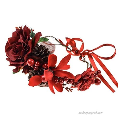 Floral Fall Burgundy Red Rose Winter Flower Crown Bridal Floral Crown Christmas Wreath Halo HC-35