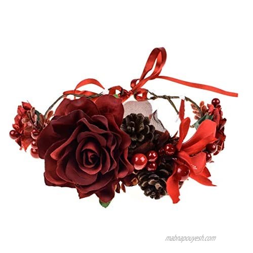 Floral Fall Burgundy Red Rose Winter Flower Crown Bridal Floral Crown Christmas Wreath Halo HC-35