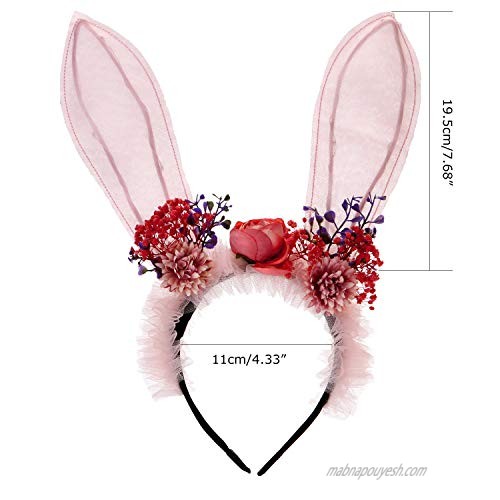 Folora Bunny Ear Headband Flower Hairbands Easter Halloween Hair Accessory for Children Women Kids Girls Pink