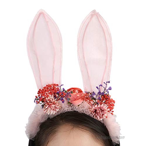 Folora Bunny Ear Headband Flower Hairbands Easter Halloween Hair Accessory for Children Women Kids Girls Pink