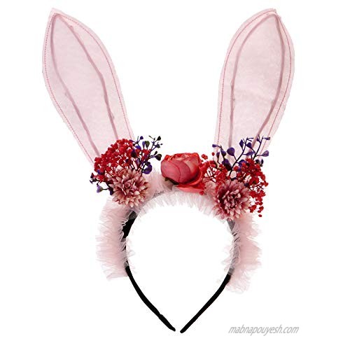 Folora Bunny Ear Headband Flower Hairbands Easter Halloween Hair Accessory for Children Women Kids Girls  Pink