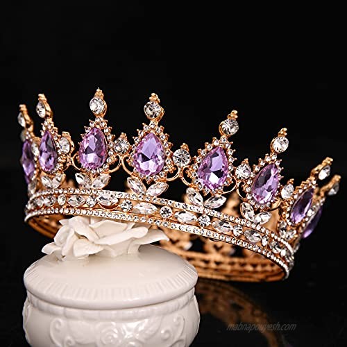 FORSEVEN Queen Crown Rhinestone Wedding Crowns and Tiaras for Women Costume Party Hair Accessories Princess Birthday Crown Crystal Bridal Crown (Gold+Light Purple)