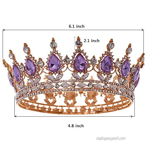 FORSEVEN Queen Crown Rhinestone Wedding Crowns and Tiaras for Women Costume Party Hair Accessories Princess Birthday Crown Crystal Bridal Crown (Gold+Light Purple)