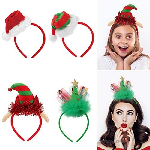 FRCOLOR Christmas Headband Santa Hat Christmas Tree Headband Elf Headband for Adult Children Christmas Costumes Accessory Holiday Party Decoration 4 Pack