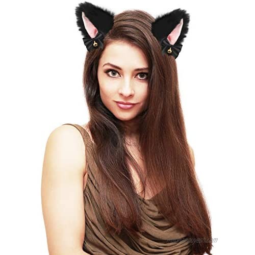 Fur Cat Ears with Bell Cosplay Girl Plush Furry Fox Ear Headwear Anime Costume (Black with Bell)