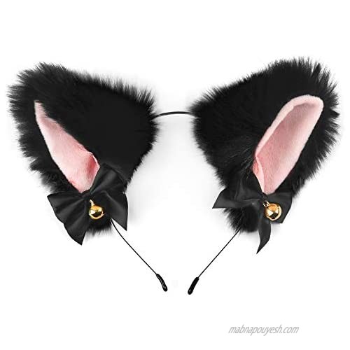 Fur Cat Ears with Bell Cosplay Girl Plush Furry Fox Ear Headwear Anime Costume (Black with Bell)