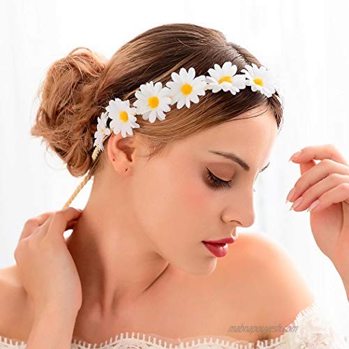 Graeen Boho Flower Headbands Floral Garland Hair Band Crowns Headwear Sunflower Braided Rope Headpiece Hair Accessories for Women and Girls (White)