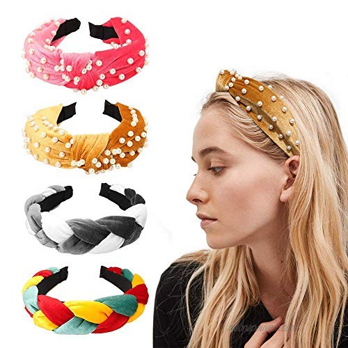 Headbands for Women Pearl Headband  4 Pack Hair Hoops Vintage Wide Stripes Velvet Headband for Women Girl Bohemian Hairbands