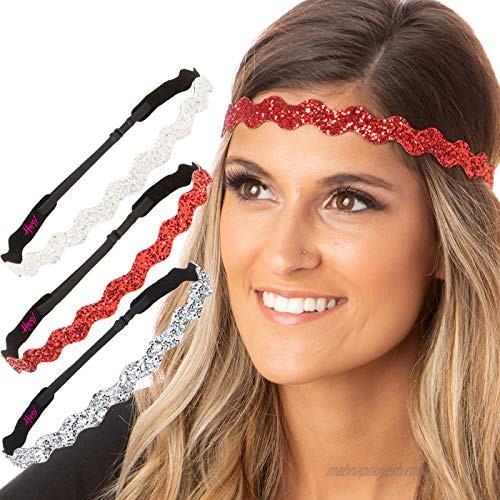 Hipsy Women's Adjustable No Slip Cute Fashion Hearts & Bling Glitter Valentine's Day Hair Headband Multi Packs (Valentine's Silver/Red/White Wave Bling Glitter 3pk)