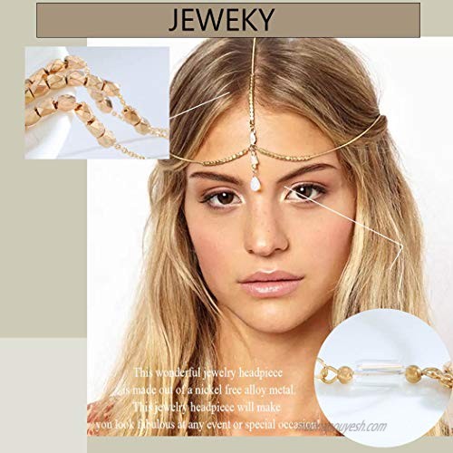 Jeweky Boho Opal Head Chain Gold Crystal Wedding Headpieces Elastic Bride Hair Acessories Jewelry for Women and Girls