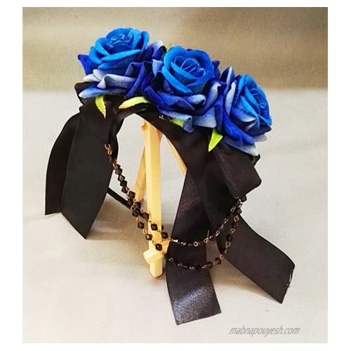 Lolita Floral Blue Red Roses Flower Chain Headband Hair Vintage Gothic Hair Accessories Handmade (Blue)