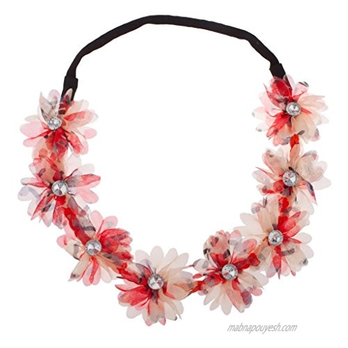 Lux Accessories Chiffon Fabric Multi Color Coral Red Flower Floral Crystal Stretch Headband