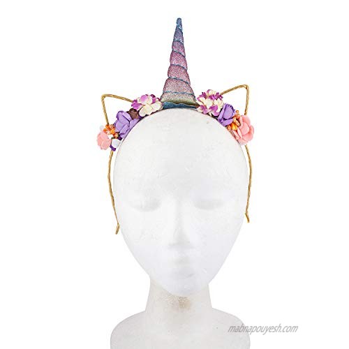 Lux Accessories Gold Tone Glittery Pastel Unicorn Horn Flowers Fashion Headband