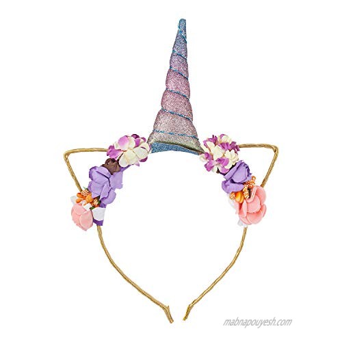 Lux Accessories Gold Tone Glittery Pastel Unicorn Horn Flowers Fashion Headband