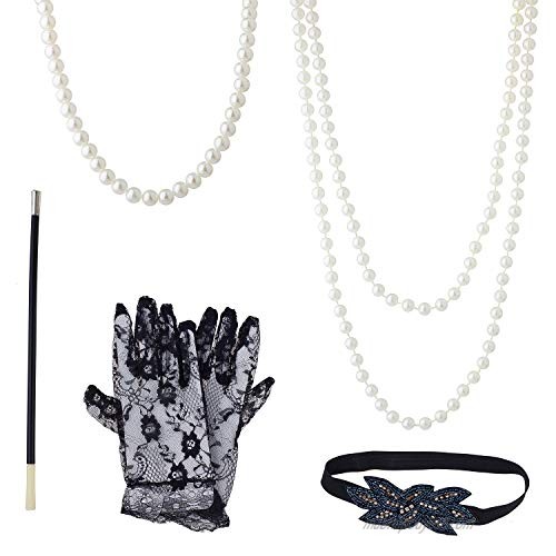 Lux Accessories Halloween Black White Lace Glove Side Headwear Long Pearl Necklace Cosplay Costume