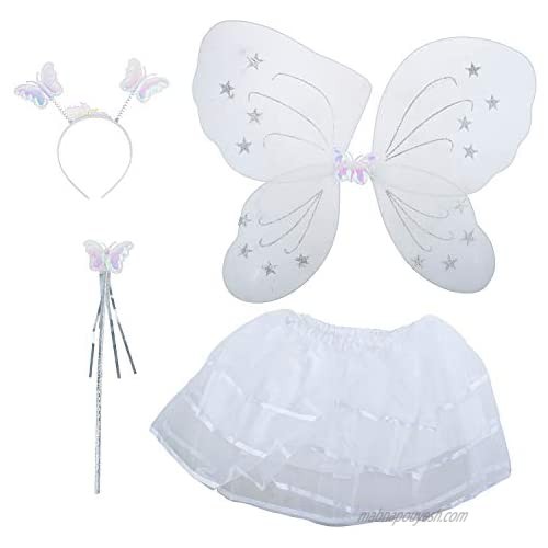 LUX ACCESSORIES Halloween Girls Fairy Skirt Butterfly Wing Headband Wand Cute Costume Set (4pc)