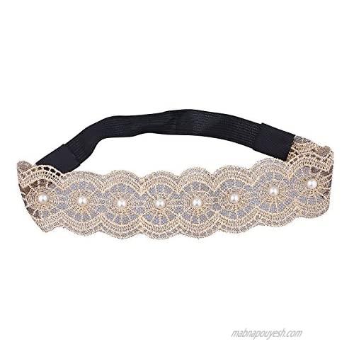 Lux Accessories Tan and Faux Pearl Lace Applique Stretch Headband Head Wrap