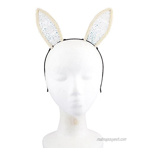 Lux Accessories White Bunny Ears AB stone Rhinestone Headband Hair Accessories