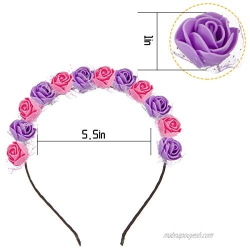 Madholly 10pcs Colorful Rose Flower Headband- Floral Crown Rose Flower Headbands Headpieces Multicolor for Women Girls Summer Vacation Beach Boho Festival Wedding Dress up