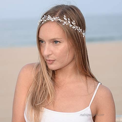 Mariell Bridal and Wedding Silver Jeweled Headband with Crystal Gems Freshwater Pearls and Ivory Ribbon
