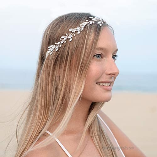 Mariell Bridal and Wedding Silver Jeweled Headband with Crystal Gems Freshwater Pearls and Ivory Ribbon