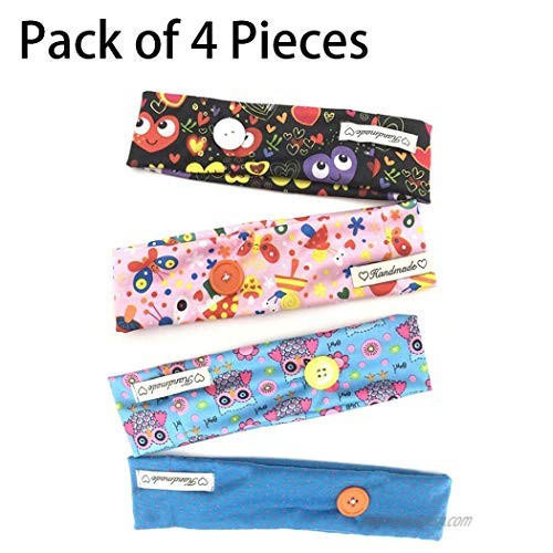 Nicute Boho Turban Headbands Elastic Facemask Holder with Button Cartoon Wide Hair Bands for Women and Girls(Pack of 4)