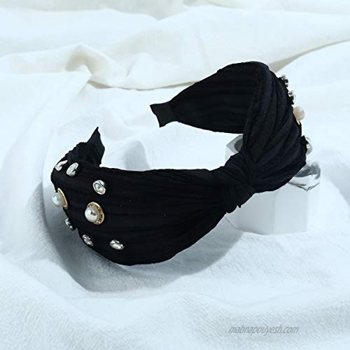 Pearl Knotted Headbands Black Headband for Women Knot Fashion 2 Pack Rhinestone Knotted Vintage Twisted Headwear for Girl Band hairband