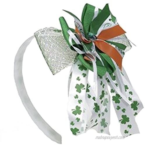 PMU St. Patricks Day - Mardi Gras - (White  Green  Orange) Ribbon Bow Headband with Shamrocks Pkg/1