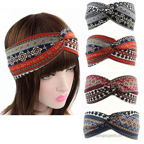 Qhome 4 Pack Women Cotton Elastic Bohemian Turban Headbands Twisted Head Band Headband Headwear Hairbands Bows Girls Hair Accessories