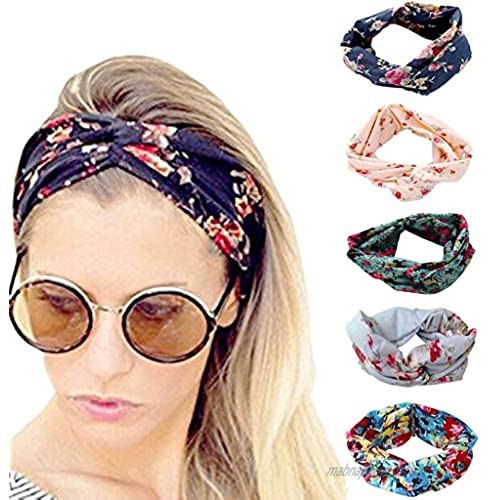 SEVENSTONE 5 Pack Headbands for Women Elastic Boho Flower Yoga Head Wrap Hair Band Soft