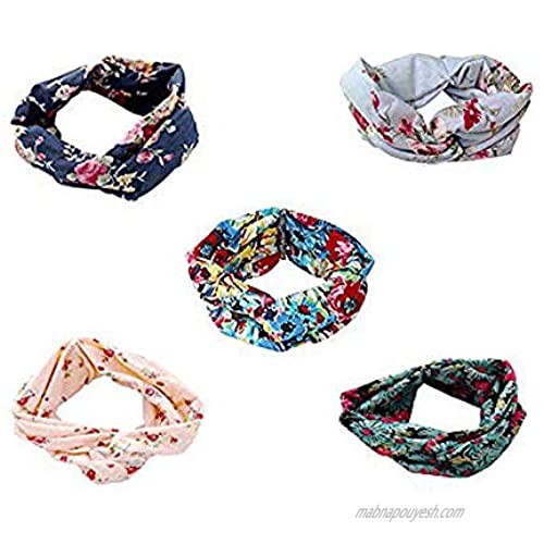 SEVENSTONE 5 Pack Headbands for Women Elastic Boho Flower Yoga Head Wrap Hair Band Soft