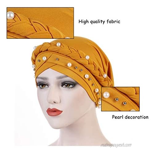 Turban Hat Solid Color Faux Pearl Pleated Women Hair Wrap Headwear Head Cover