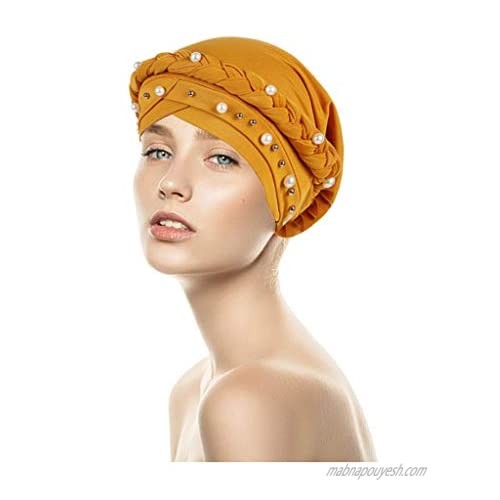 Turban Hat Solid Color Faux Pearl Pleated Women Hair Wrap Headwear Head Cover