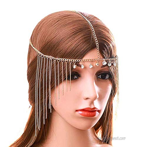 Urieo Crystal Head Chain Jewelry Rhinestone Forehead Chain Gold Tassel Headband Halloween Wedding Headpiece for Women and Girls