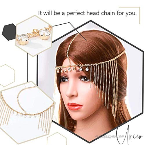 Urieo Crystal Head Chain Jewelry Rhinestone Forehead Chain Gold Tassel Headband Halloween Wedding Headpiece for Women and Girls