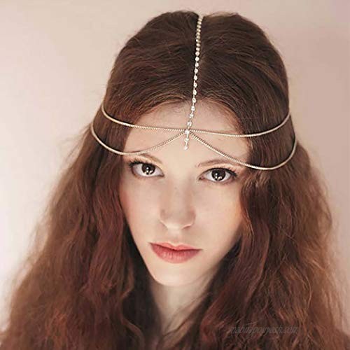 Urieo Rhinestone Head Chains Jewelry Crysatal Forehead Chain Wedding Headband Christmas Festival Prom Headpieces for Women and Girls(Gold)
