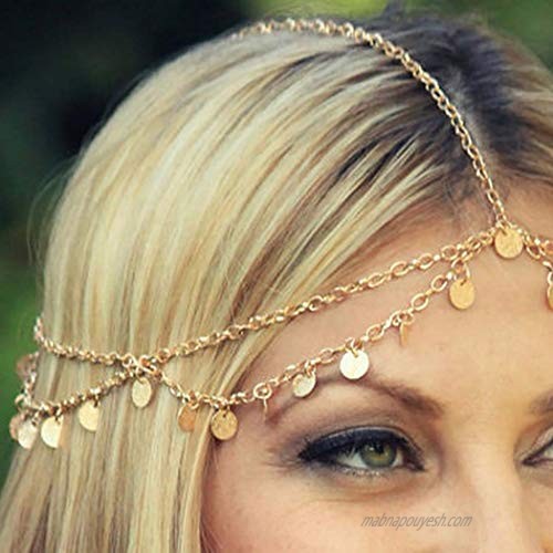 Yizaca Boho Head Chain Gold Sequins Hair Chain Tassel Headpieces Jewelry for Women and Girls