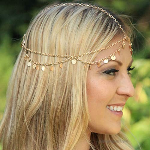Yizaca Boho Head Chain Gold Sequins Hair Chain Tassel Headpieces Jewelry for Women and Girls