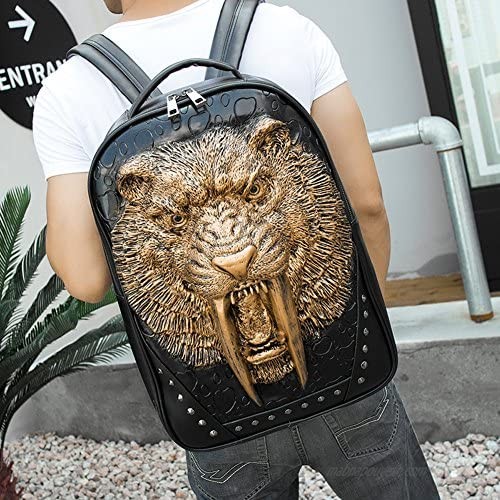 3D Animal Head Backpack Studded PU Leather Cool Laptop Backpack College Bookbag