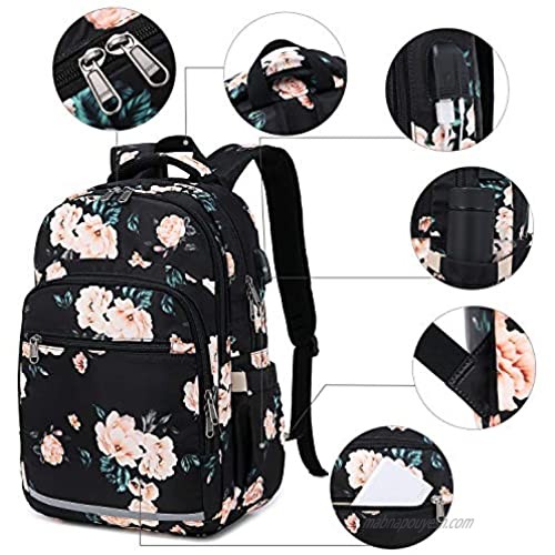 BLUBOON Backpack for Women 15.6 Inch Laptop Bookbag College School Backpack Girls Floral Schoolbag Compartment Daypack for Business Travel with USB Charging Port and Headphone Interface