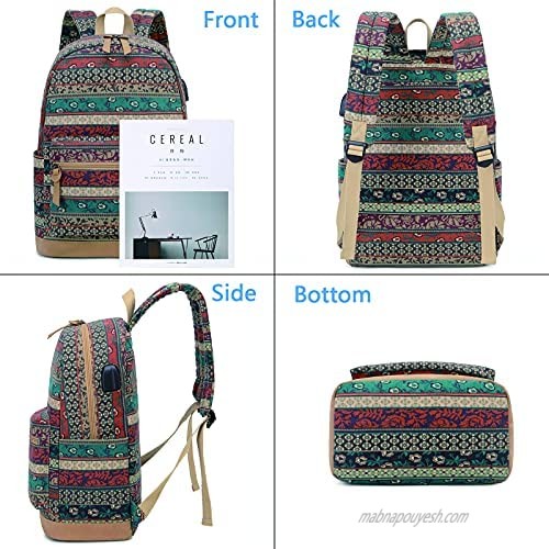 Bohemian Waterproof Laptop Backpack with USB Charging Port and and Headphone Interface Water Resistant 15.6 Inch College School Backpack with Lunch Bag and Pencil Bag for Women/Girls/Business/Travel