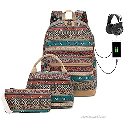 Bohemian Waterproof Laptop Backpack with USB Charging Port and and Headphone Interface  Water Resistant 15.6 Inch College School Backpack with Lunch Bag and Pencil Bag for Women/Girls/Business/Travel