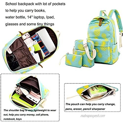Bookbag School Backpack Girls Cute Schoolbag for 15 inch Laptop backpack set (Water blue A002 yellow pineapple)