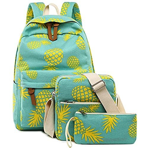 Bookbag School Backpack Girls Cute Schoolbag for 15 inch Laptop backpack set (Water blue A002 yellow pineapple)