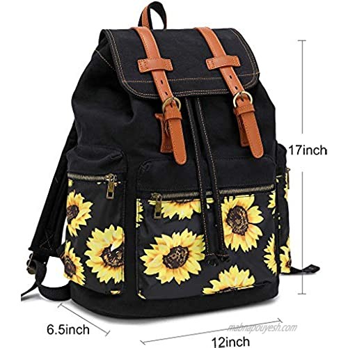 Girls School Backpack Women College Bookbag Lady Travel Rucksack 15.6Inch Laptop Bag (Black Sunflower)