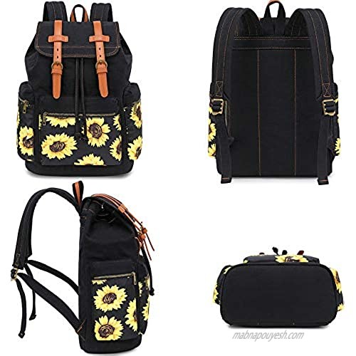 Girls School Backpack Women College Bookbag Lady Travel Rucksack 15.6Inch Laptop Bag (Black Sunflower)
