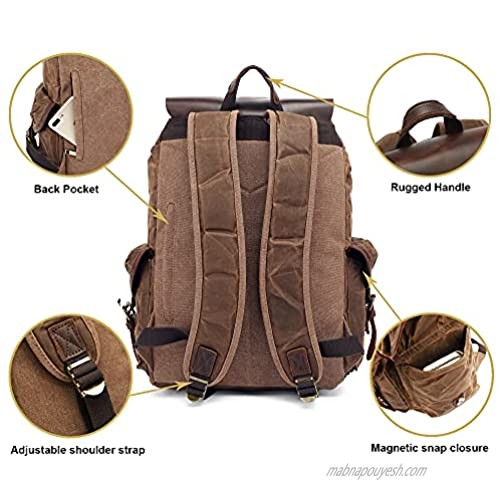 HuaChen Travel Leather Waxed Canvas Backpack Men’s Vintage Laptop School Bag Daypack Large (M80 Grey)