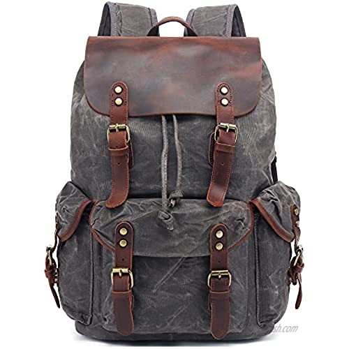 HuaChen Travel Leather Waxed Canvas Backpack Men’s Vintage Laptop School Bag Daypack Large (M80_Grey)